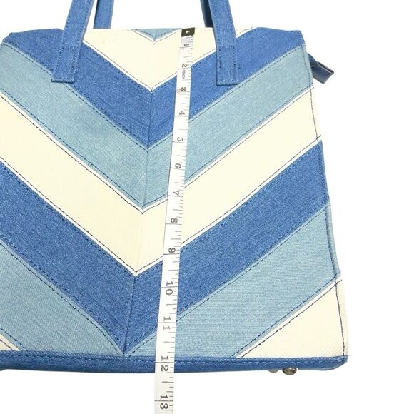 Blue and Cream Chevron Denim Structured Tote Shoulder Bag - Picture 5 of 8